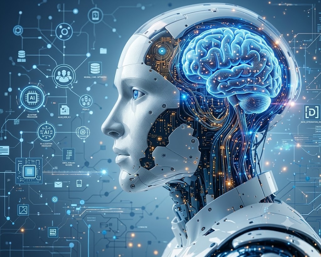 Blue-lit artificial intelligence humanoid with a glowing digital brain