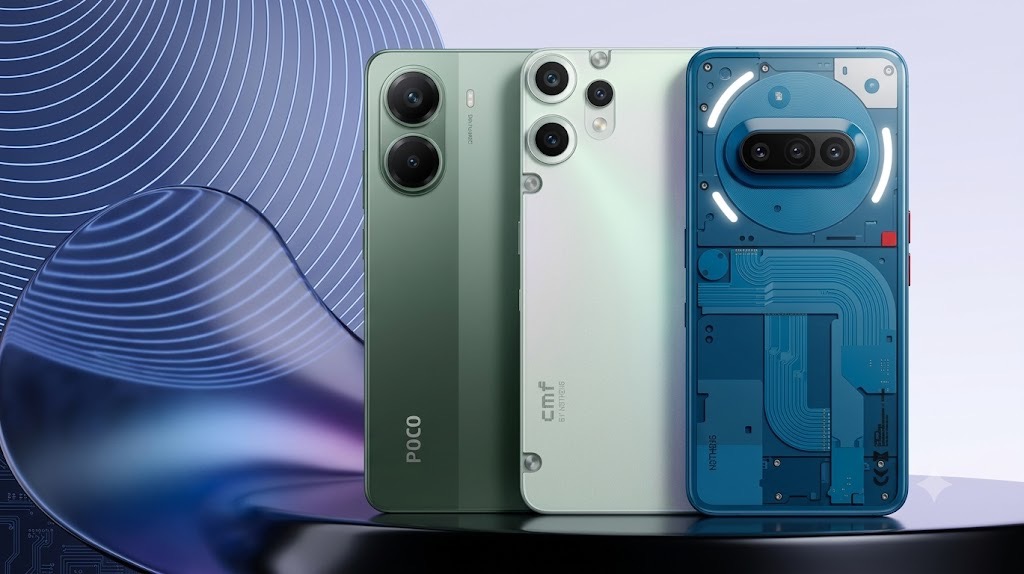 Three modern smartphones displayed together, including a blue transparent-backed phone