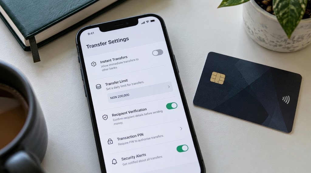 A smartphone displaying a banking application's transfer-security settings beside a bank card.