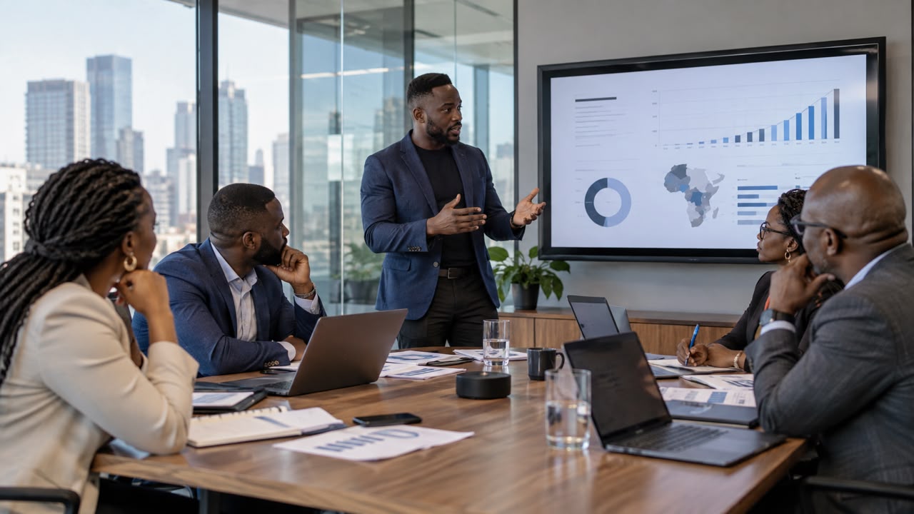 An African startup founder explaining a software proposal to corporate decision-makers reviewing documents in a meeting room.