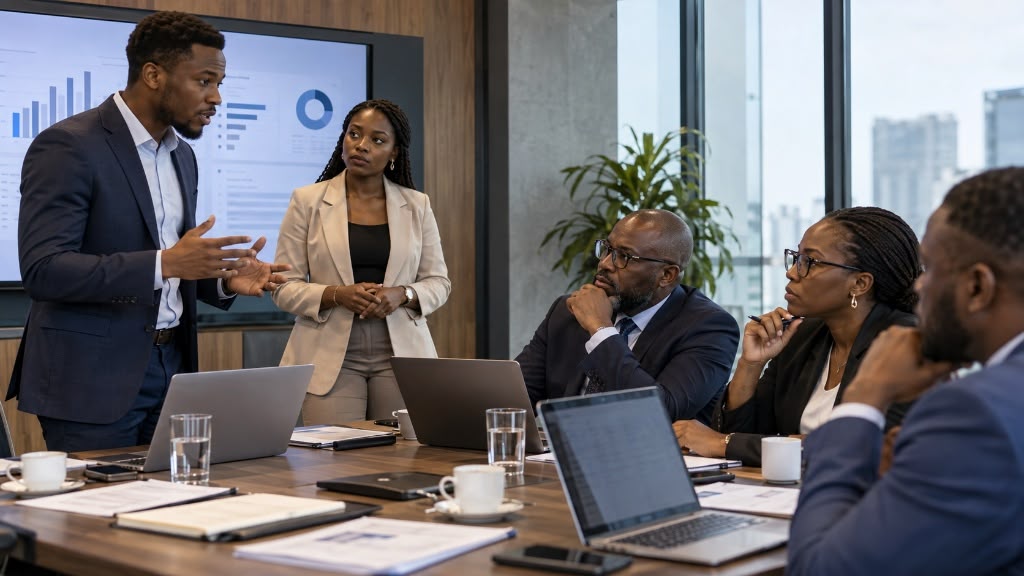 Two African startup founders presenting a software solution to corporate executives seated around a conference table.