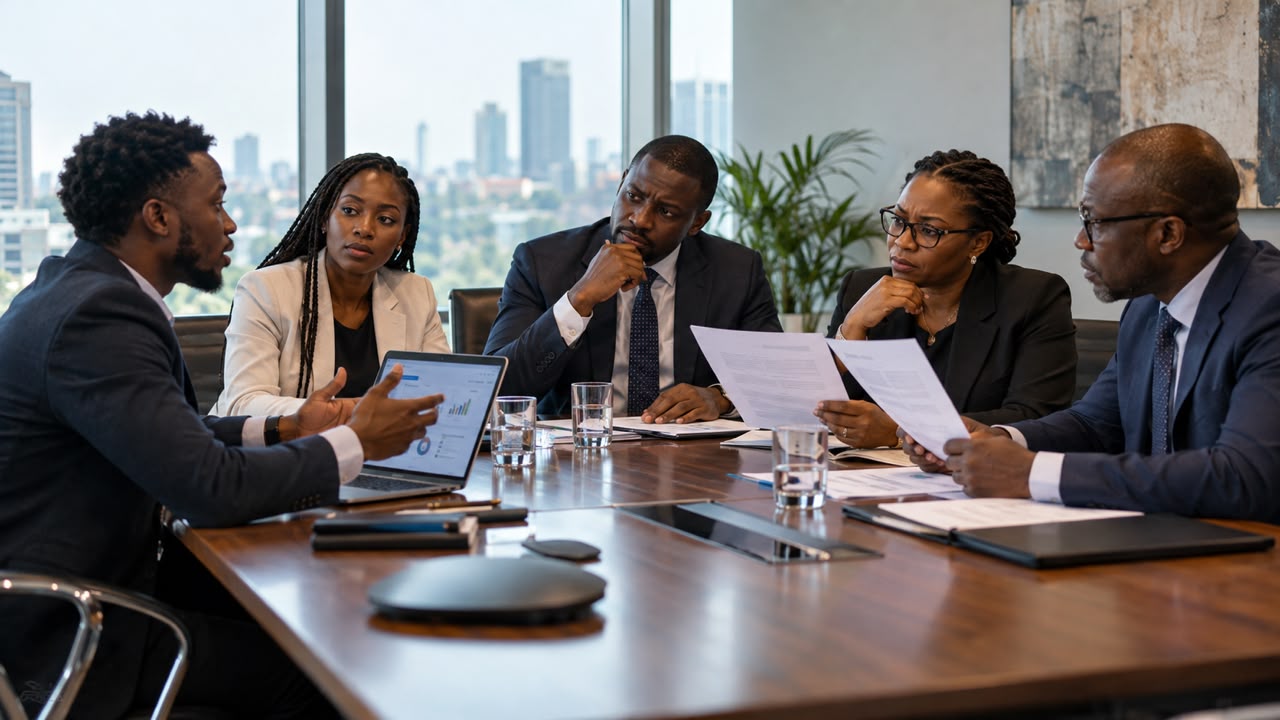 An African startup founder presenting a software solution to corporate executives during a business meeting