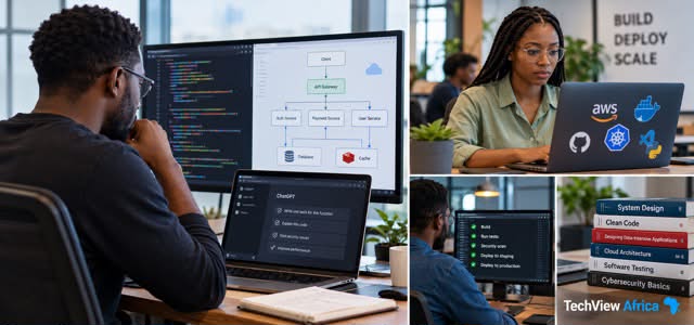 Collage of African software engineers working on code, AI-assisted development, cloud infrastructure, automated testing and cybersecurity in modern technology workspaces.