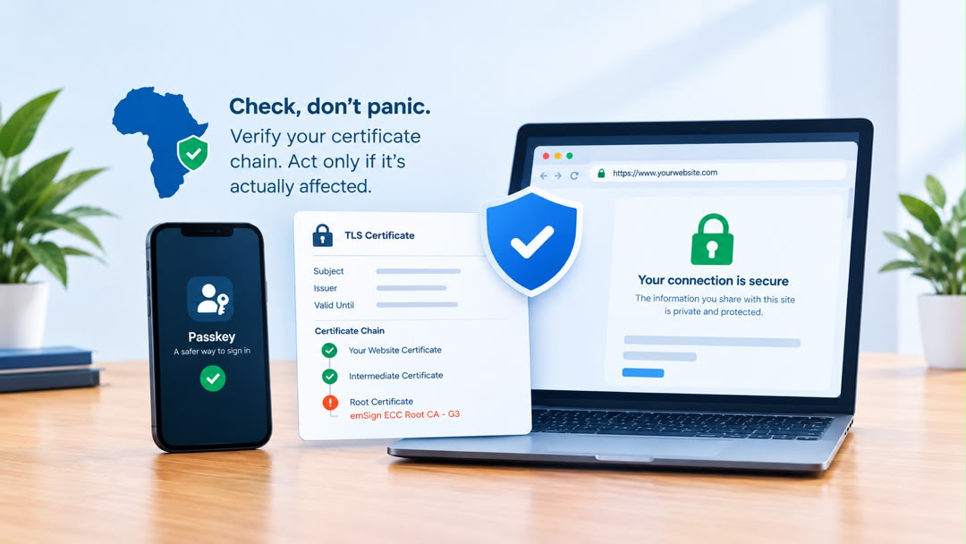 Illustration of a TLS certificate chain highlighting the emSign ECC Root CA - G3 warning, alongside a secure website and passkey authentication, with guidance to verify certificates before taking action.