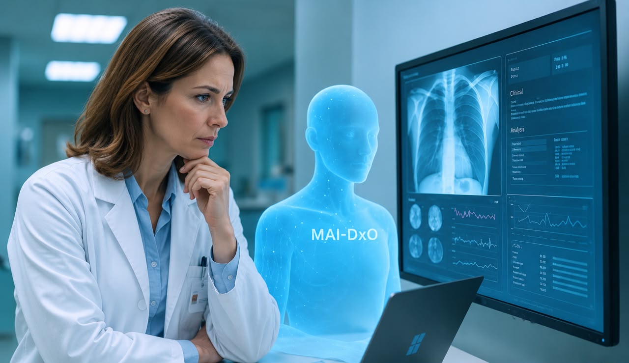 A female doctor in her early 40s examines medical data on a monitor beside a holographic MAI-DxO AI assistant displaying a chest X-ray and diagnostic analytics.
