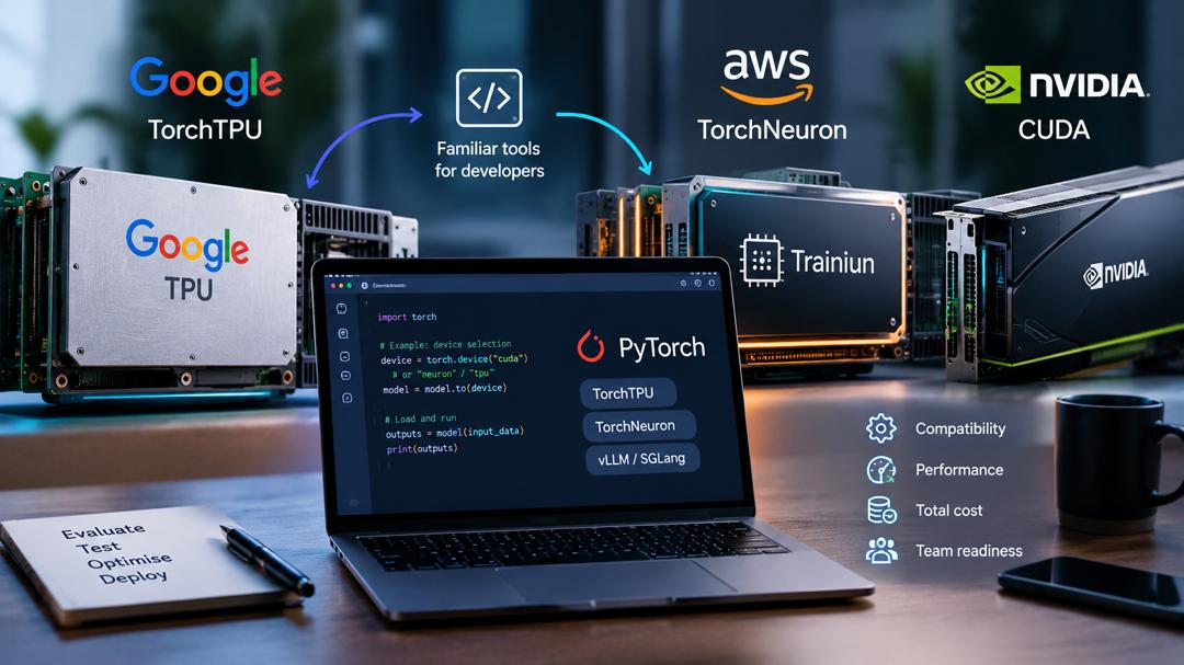 Editorial illustration comparing Google TPU, AWS Trainium and NVIDIA GPU platforms, with a laptop displaying PyTorch code and key considerations including compatibility, performance and total cost.