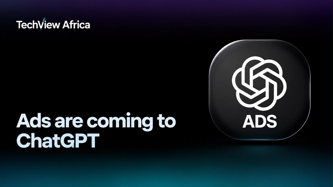 TechView Africa banner announcing “Ads are coming to ChatGPT”, featuring a glossy black ChatGPT Ads icon against a dark purple and teal background.