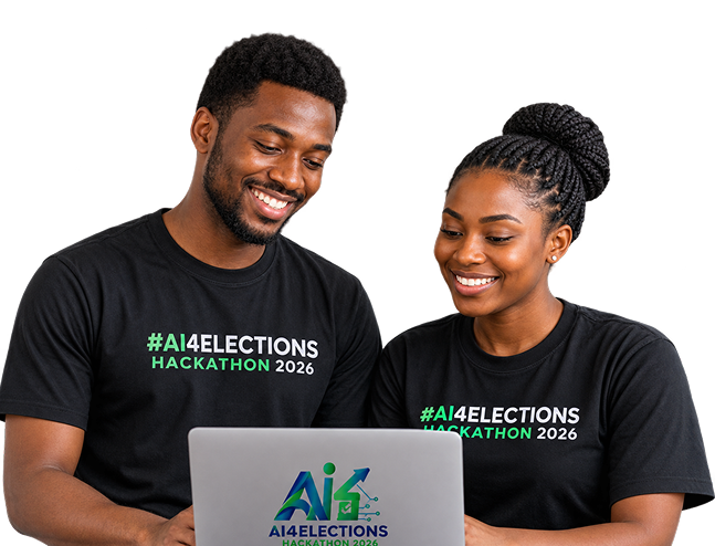 Two young adults wearing #AI4Elections Hackathon 2026 T-shirts collaborate over a laptop displaying the AI4Elections logo.