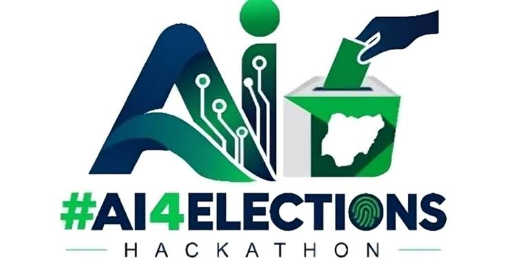 #AI4Elections Hackathon 2026 logo featuring a digital circuit design, a ballot box with the outline of Nigeria, and a hand casting a ballot.