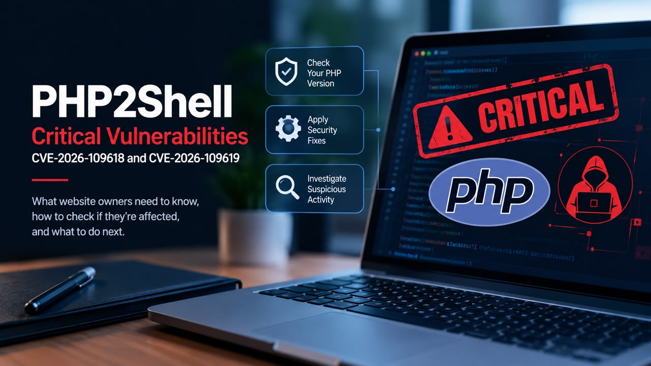 PHP2Shell cybersecurity illustration showing a cracked blue shield, streams of red code, server racks, the PHP logo and a shadowy hooded figure representing a potential cyberattack.