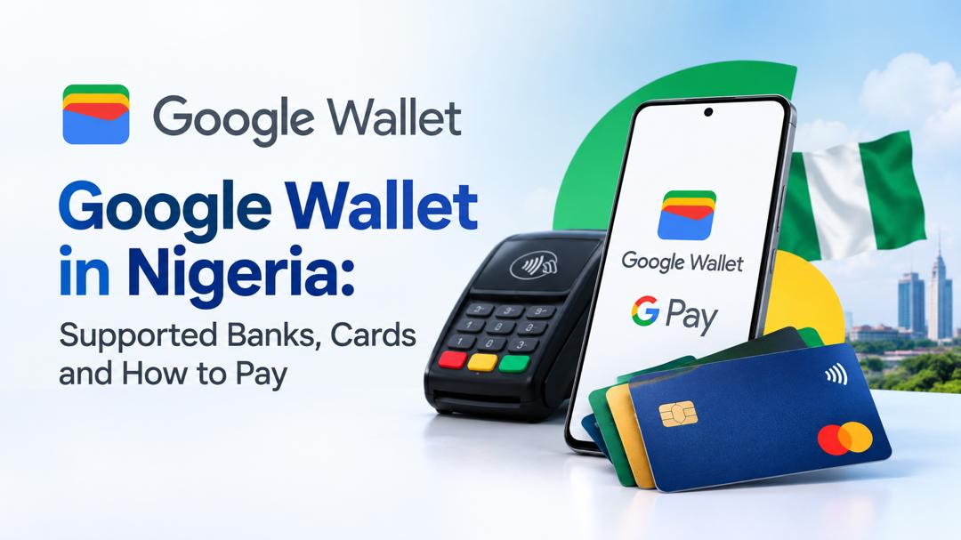 Google Wallet in Nigeria promotional banner featuring a smartphone displaying Google Wallet and Google Pay, a contactless POS terminal, bank cards and the Nigerian flag.