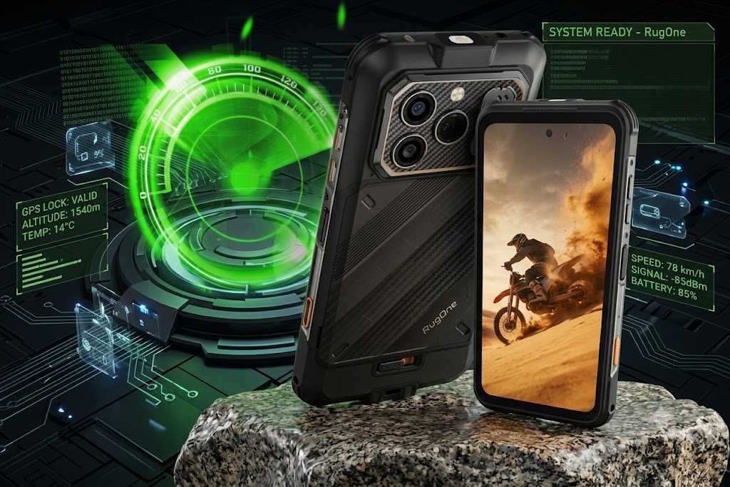 Rugged smartphones with a green digital radar and technology interface background