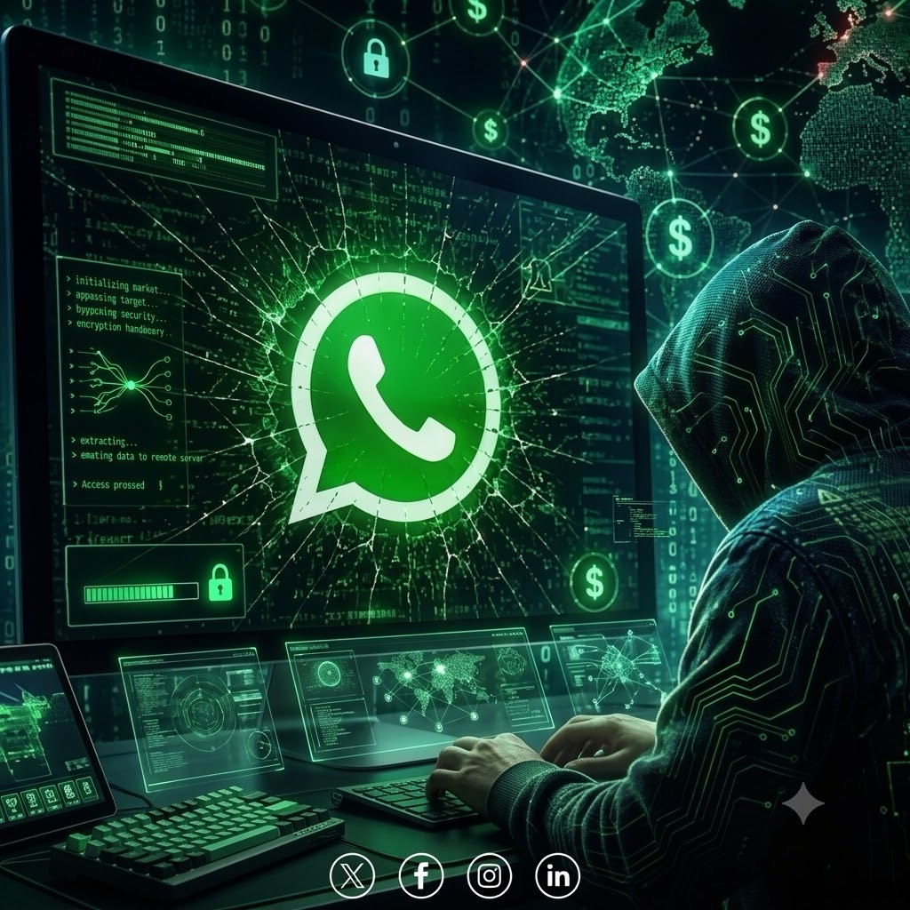 Cybersecurity illustration showing WhatsApp account linking, a laptop, code and a hooded figure