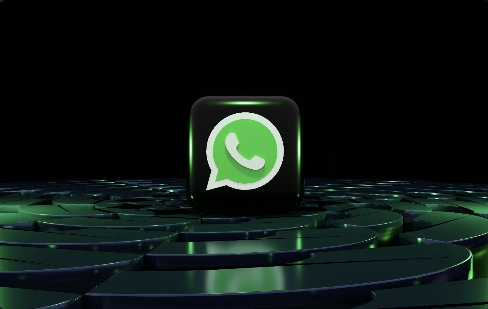 Glowing WhatsApp logo on a dark green digital security scene